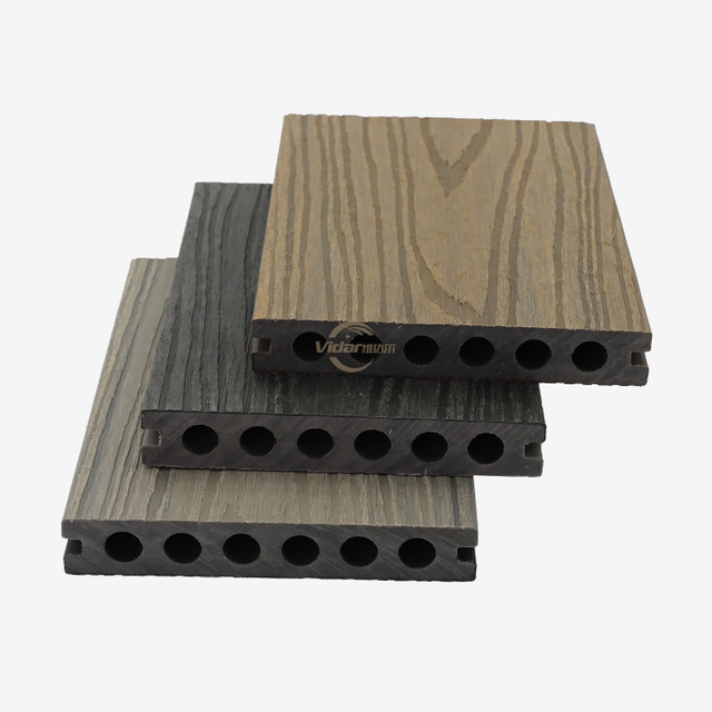 3D woodgrain Embossing Composite WPC Decking Round Hole Decorative WPC Decking Teak color Co-extrusion WPC flooring for Walkway