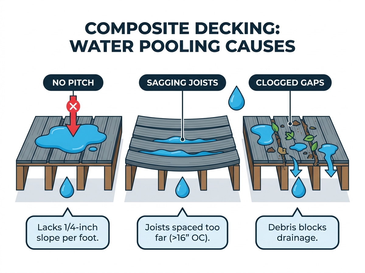 Water pooling on composite deck surface